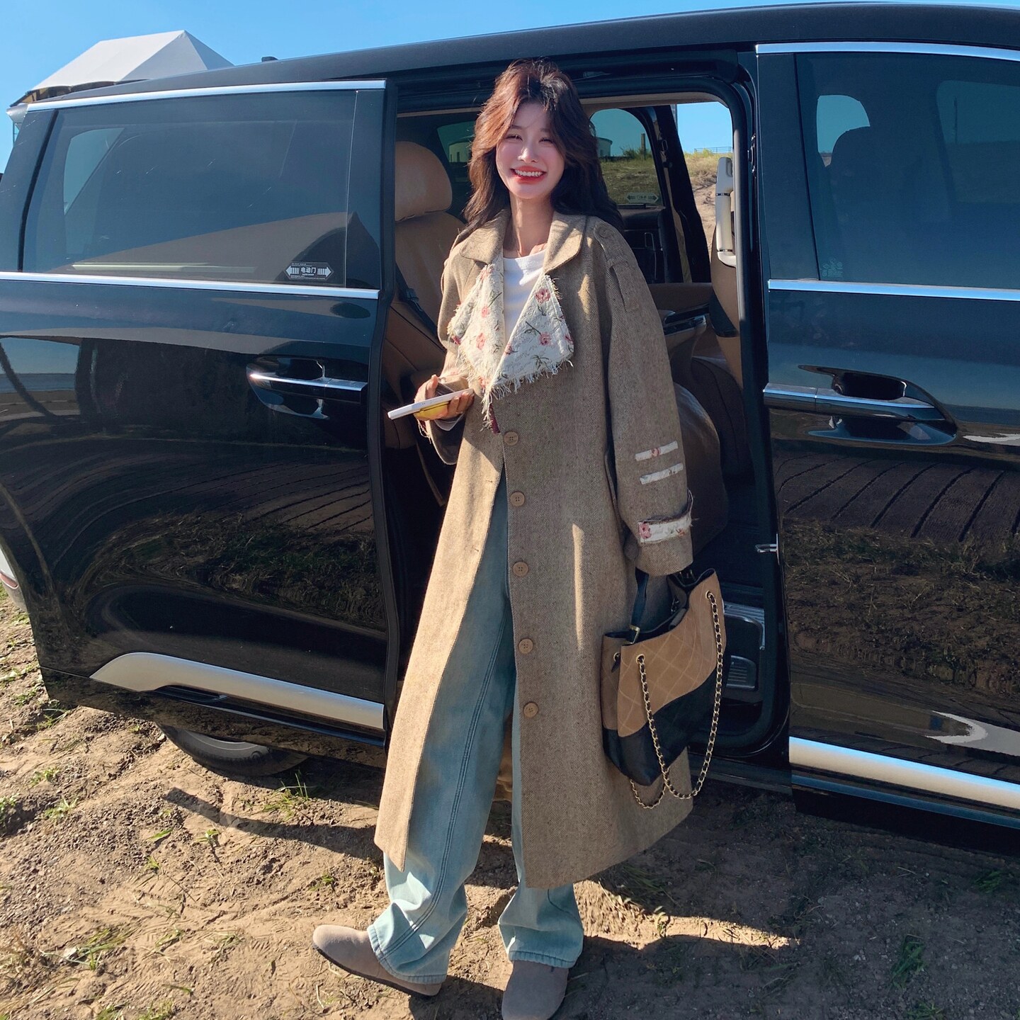 复古碎花拼接毛呢大衣女2025秋冬新款高级感独特超好看设计感外套,女装毛呢外套,浙宝293