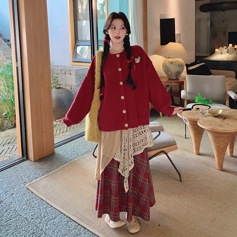 森系漂亮红色针织衫叠穿蕾丝格纹半身裙套装两件套女早秋季艺术系,女装套装/套裙,浙宝293