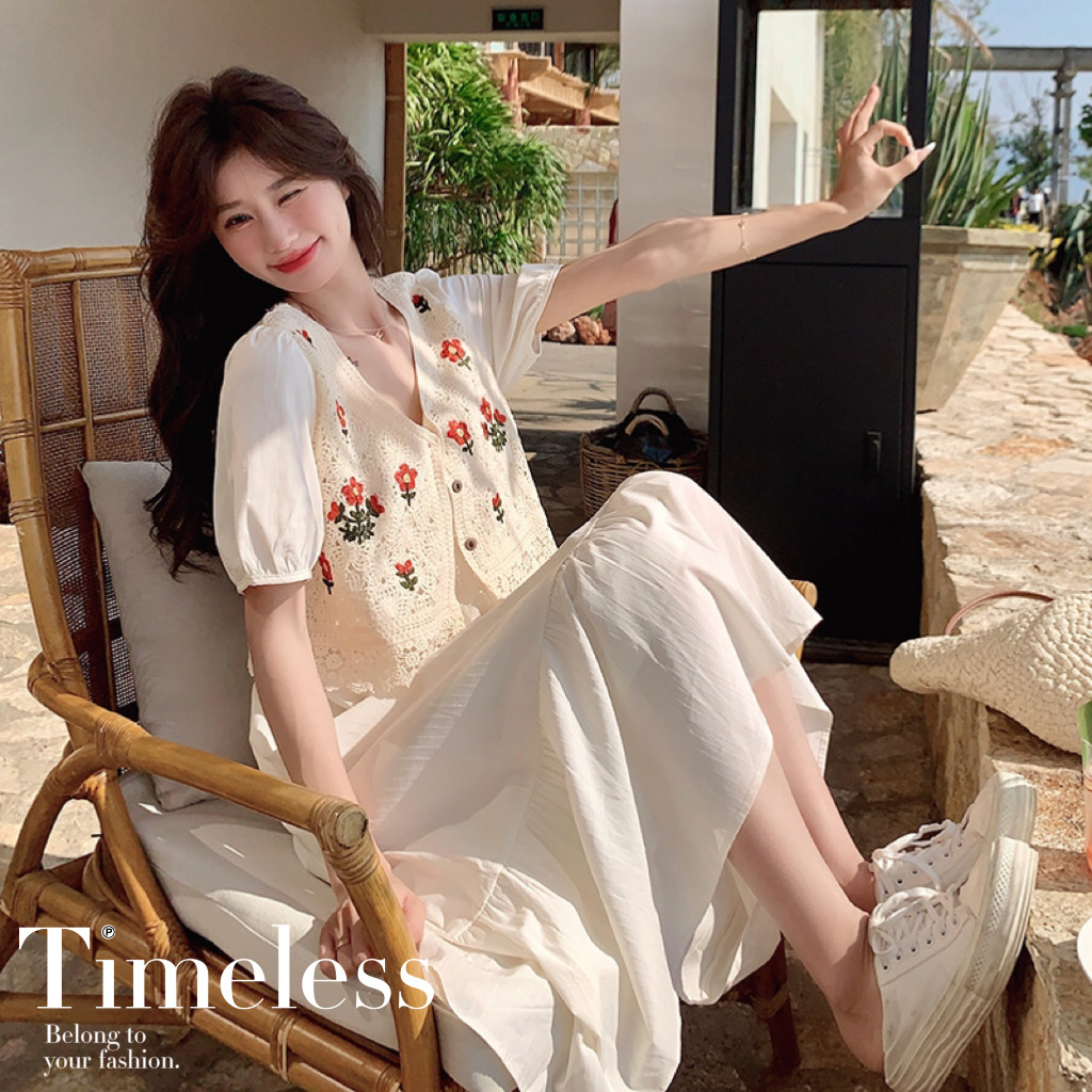 白色假两件拼接连衣裙女2025夏季新款法式甜美温柔风少女初恋长裙，女装连衣裙，浙宝293