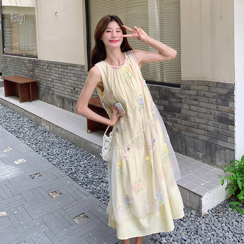 法式网纱刺绣罩衫裙套装女2025夏季新款宽松显瘦背心长裙子两件套,女装连衣裙,浙宝293