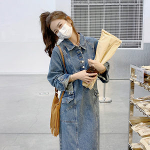 牛仔长袖连衣裙女2025春秋新款港风复古减龄休闲百搭后开叉衬衫裙图片