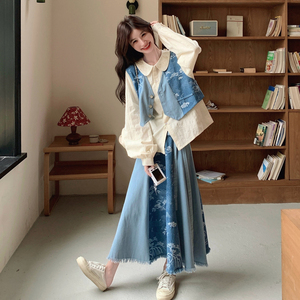 新中式国风印花娃娃领衬衫显瘦马甲牛仔半身裙三件套女秋2026新款图片