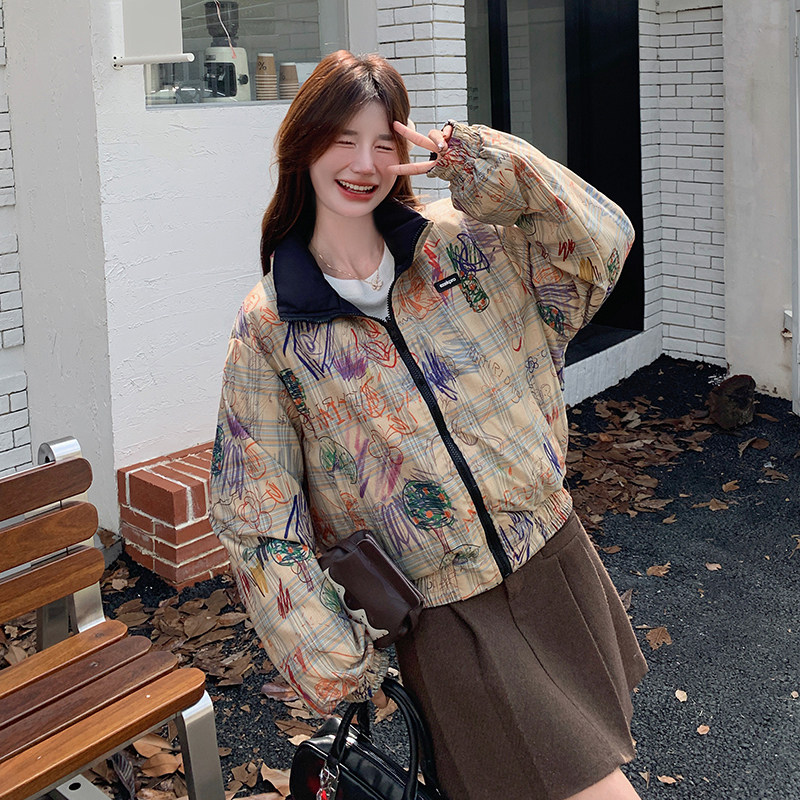 【新款】高充绒量复古涂鸦短款羽绒服293-220Y-P235控348,女装羽绒服,浙宝293