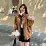 复古麂皮绒皮毛一体女秋冬2025新款美拉德加厚机车服羊羔毛外套潮，女装短外套，浙宝293
