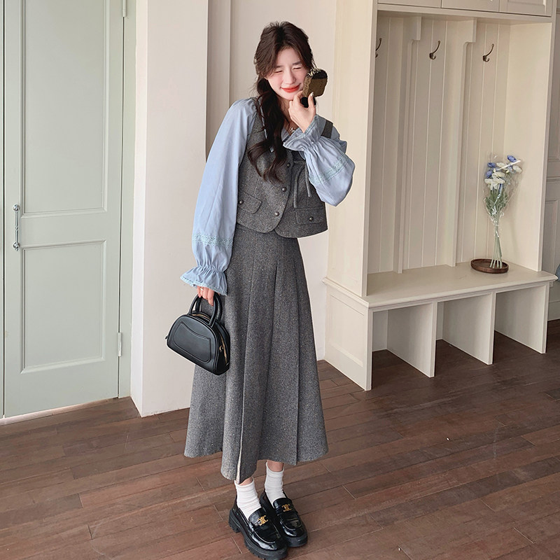 法式小香风气质套装女2025年春秋季新款显瘦马甲衬衫百褶裙三件套,女装套装/套裙,浙宝293