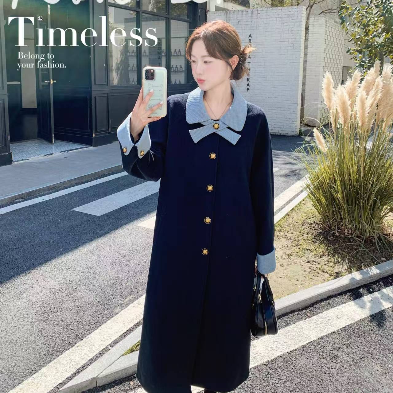 黑色撞色蝴蝶结毛呢大衣女秋冬2025新款减龄显瘦独特高级设计外套,女装毛呢外套,浙宝293