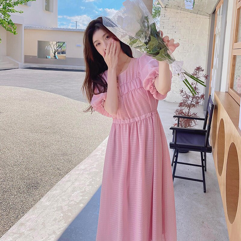 【新款】温柔风粉色泡泡袖连衣裙205A-6622-P110控158,女装连衣裙,浙宝293