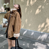 复古麂皮绒皮毛一体女秋冬2025新款美拉德加厚机车服羊羔毛外套潮，女装短外套，浙宝293