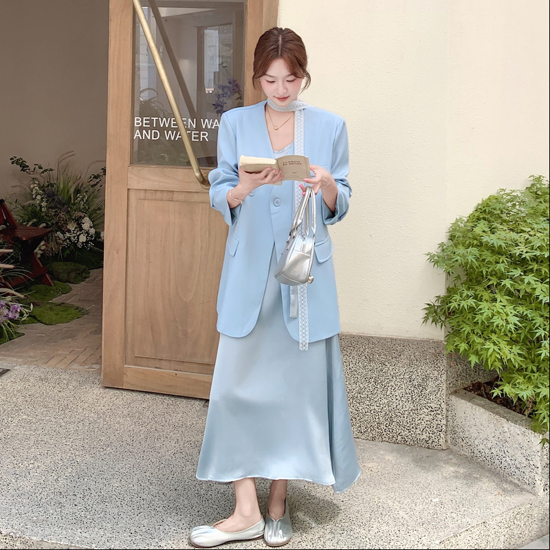 蓝色西装醋酸吊带连衣裙套装女2025秋季新款韩版高级感时尚两件套,女装套装/套裙,浙宝293