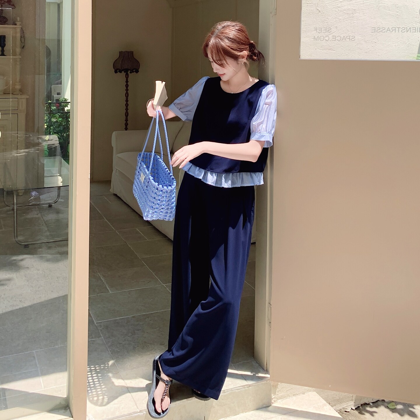 设计感假两件上衣套装女2025夏季新款韩系高级感气质阔腿裤两件套,女装套装/套裙,浙宝293