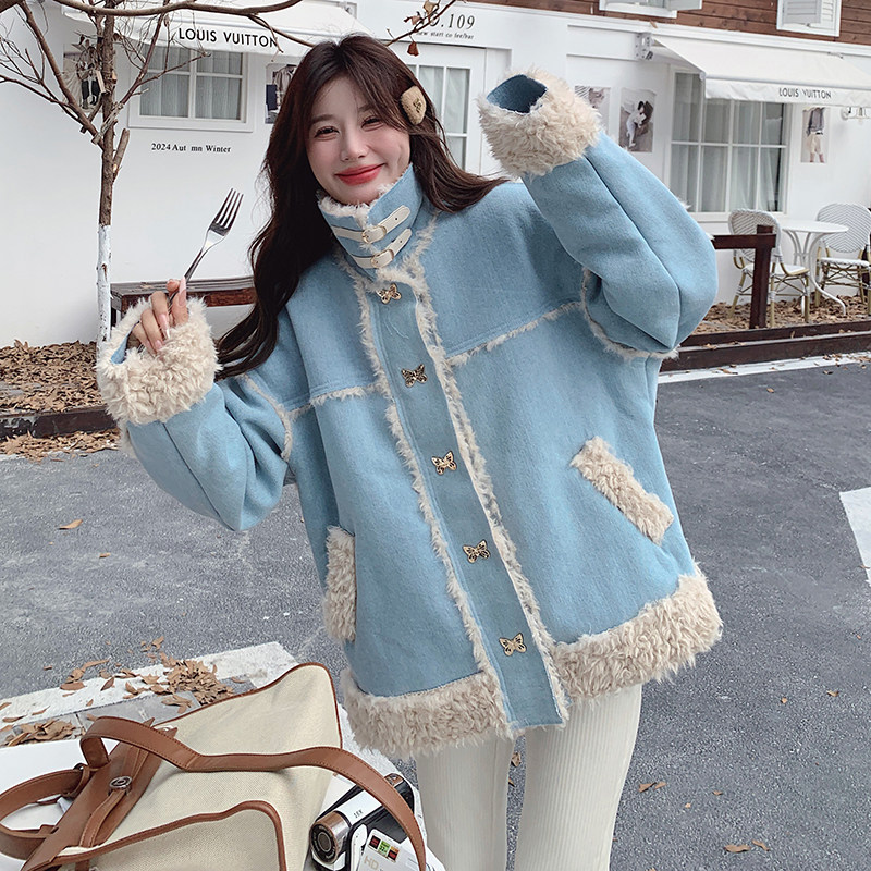 牛仔拼接羊羔毛外套女秋冬2024新款超好看加绒加厚皮毛一体机车服，女装皮草，浙宝293