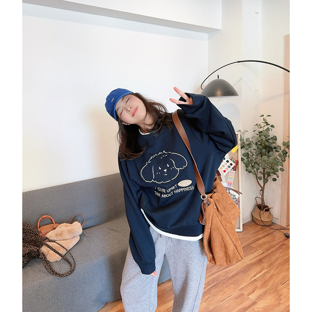 圆领套头拼边卡通小狗加绒卫衣