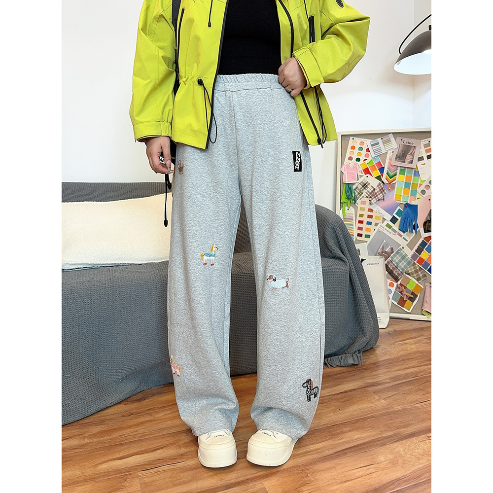 卡通贴布宽松高腰阔腿弯刀休闲裤