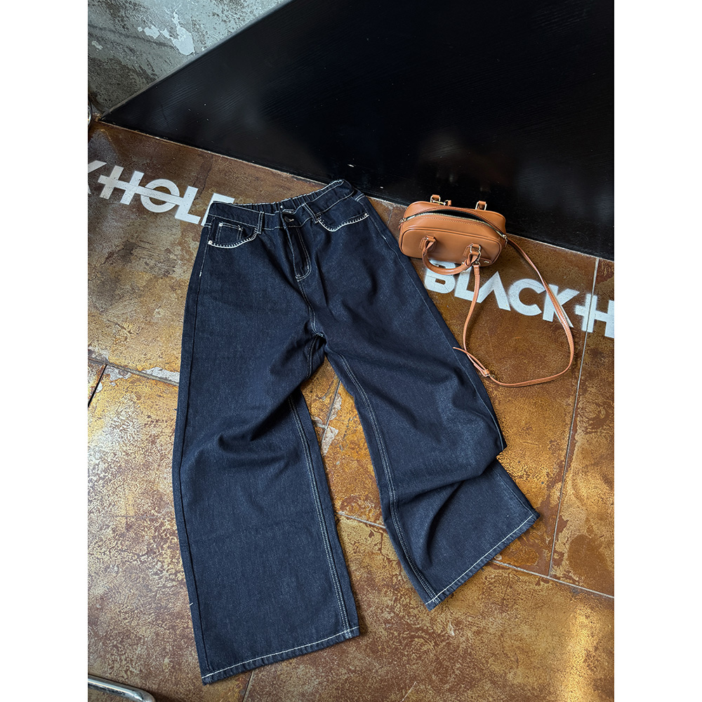 复古深蓝高腰阔腿直筒明线牛仔裤