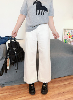 【2/24 0点 新品】白色翻边阔腿直筒牛仔裤宽松遮肉