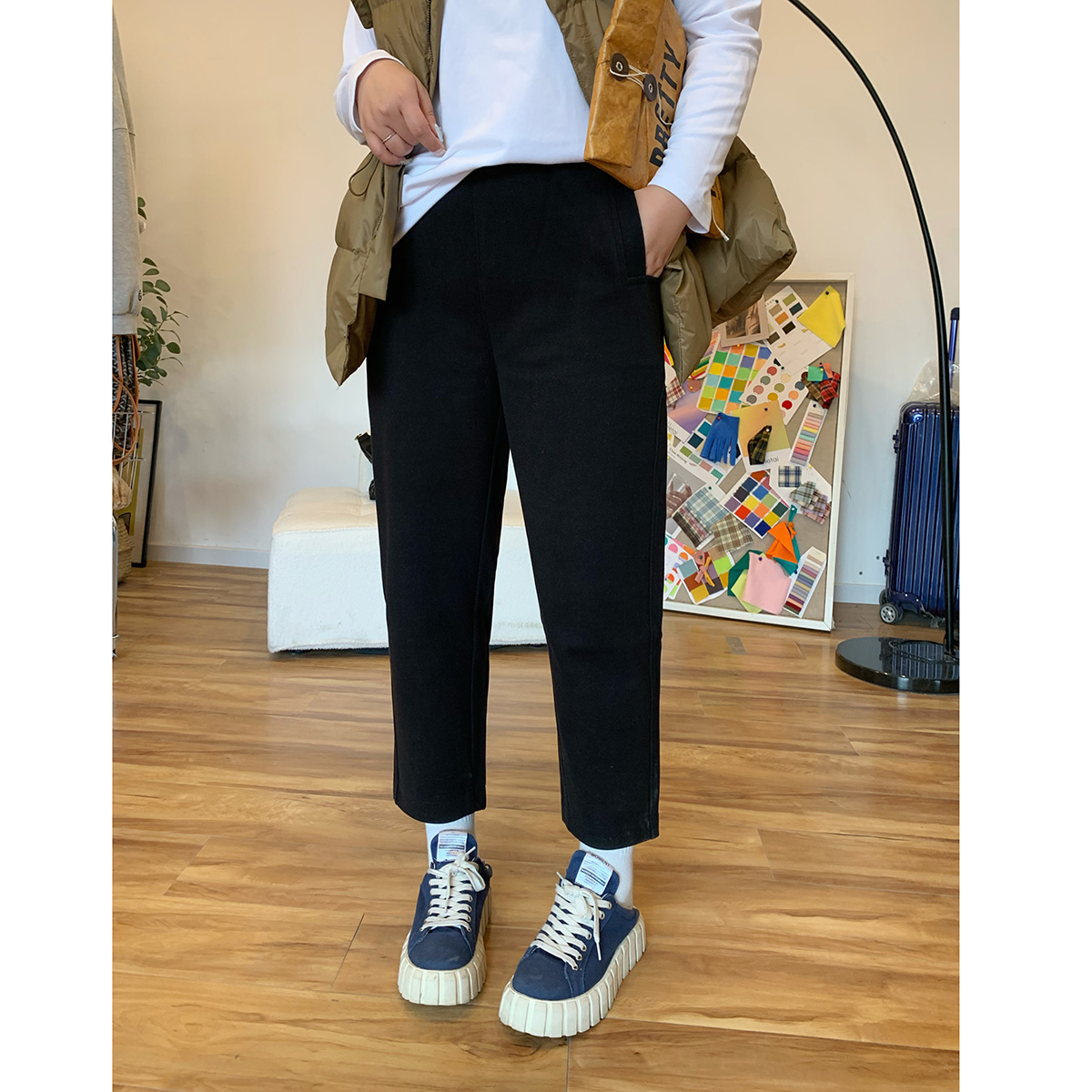 高腰花边下长裤宽松显瘦