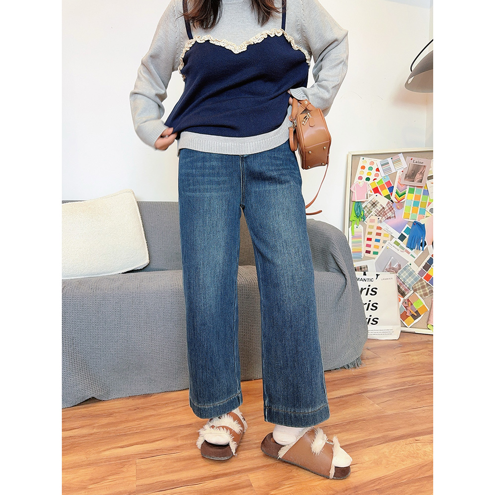 高腰直筒厚实加绒保暖九分牛仔裤