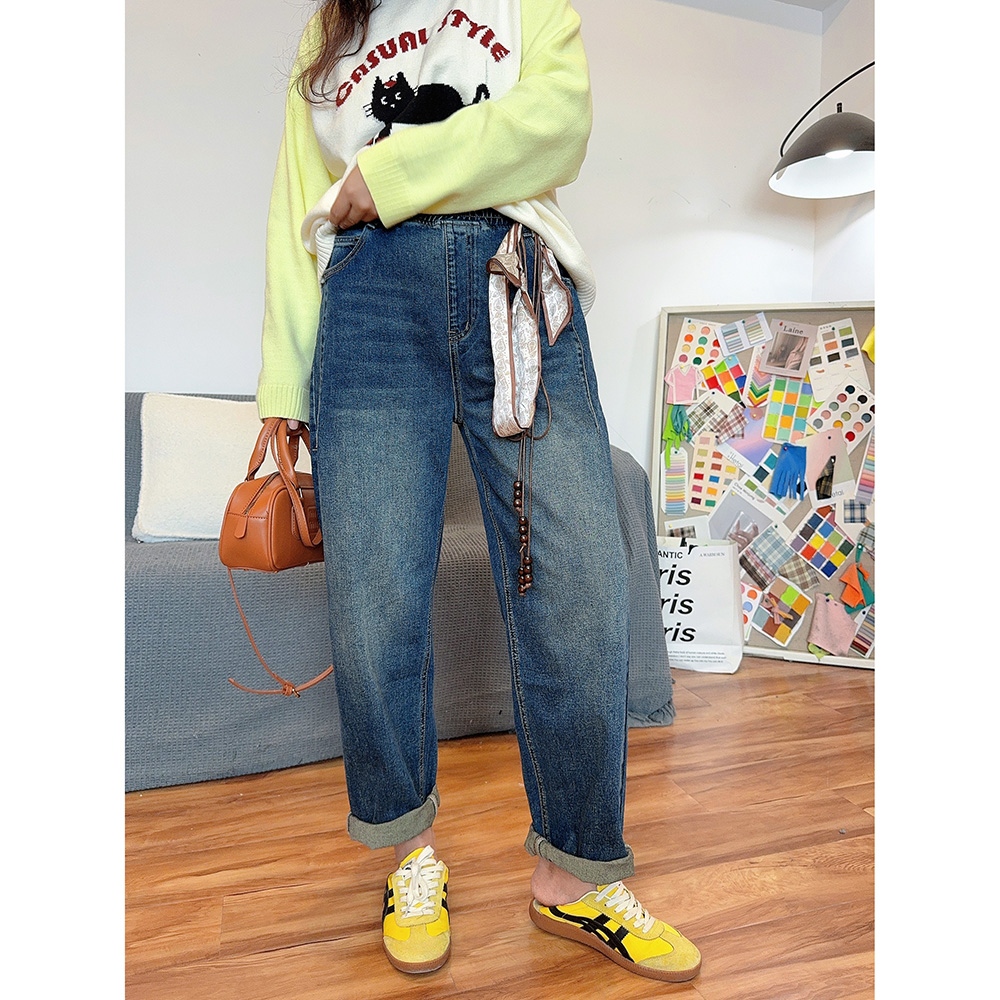 松紧腰宽松哈伦丝巾挽边牛仔裤