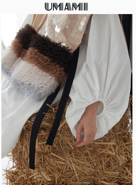 UMAMI原创 瞬升N个时髦度优质面料超大灯笼袖不对称藏肉V领白衬衫