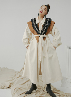 经典米色气质翻领纯棉加厚收腰工装风衣女长款过膝宽松2019新冬季