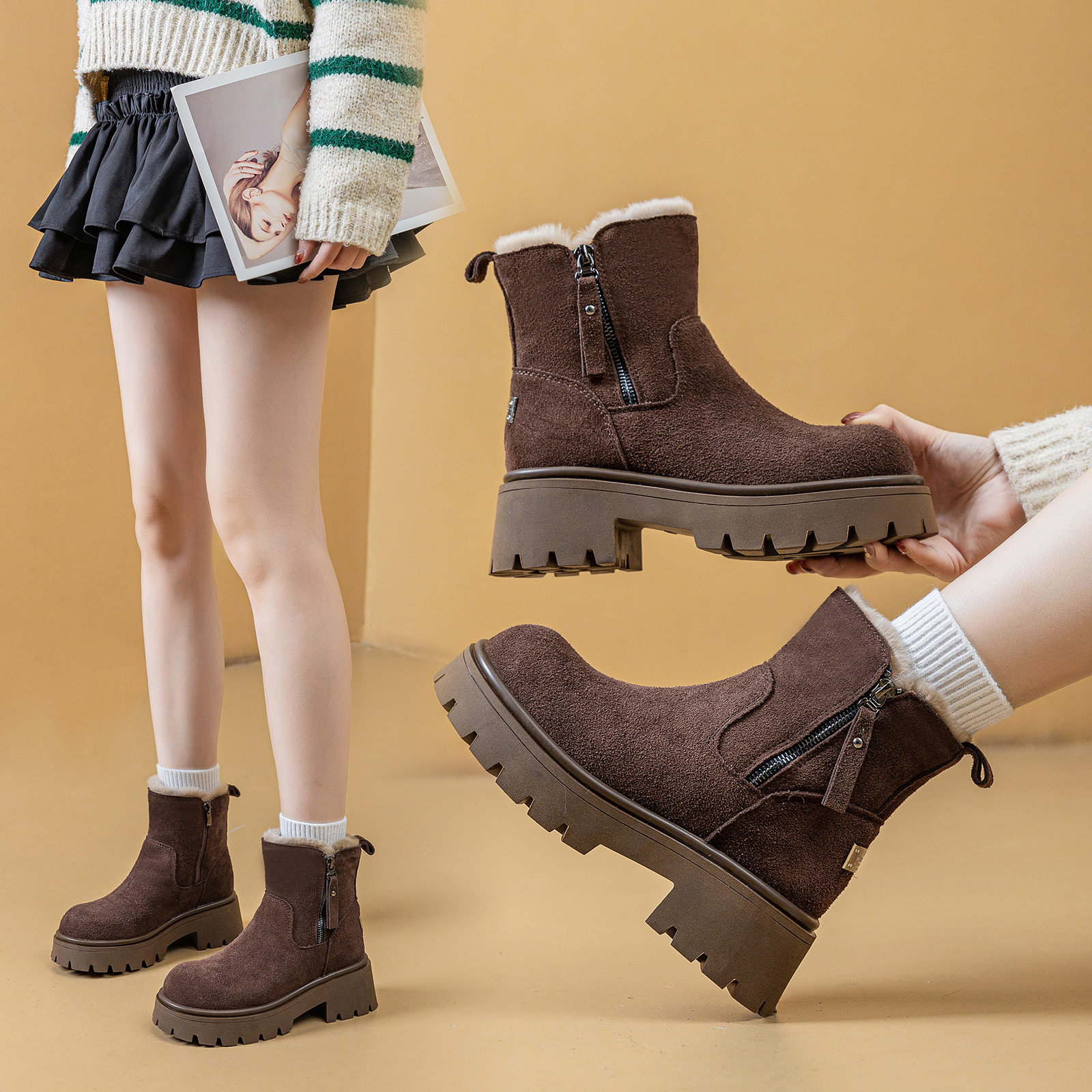 2025冬季新款厚底雪地靴女双拉链加绒保暖短靴子休闲高帮加厚棉靴,女鞋,时尚雪地靴,淘宝优惠券,粉丝福利购,淘宝优惠卷