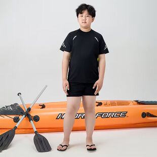 胖男童泳衣泳裤两件套长袖长裤速干防晒游泳漂流游泳分体加肥加大