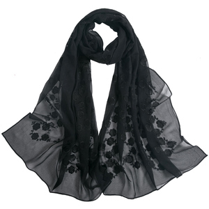 上海故事高档真丝丝巾桑蚕丝冬季女士长款围巾春秋款黑色绣花n巾