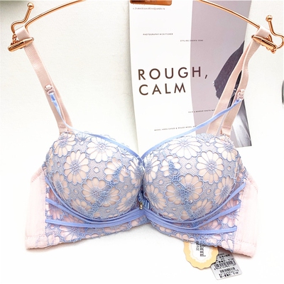 霞丹妮文胸法式交叉带性感内衣小胸显大聚拢蕾丝内衣A杯83822清仓