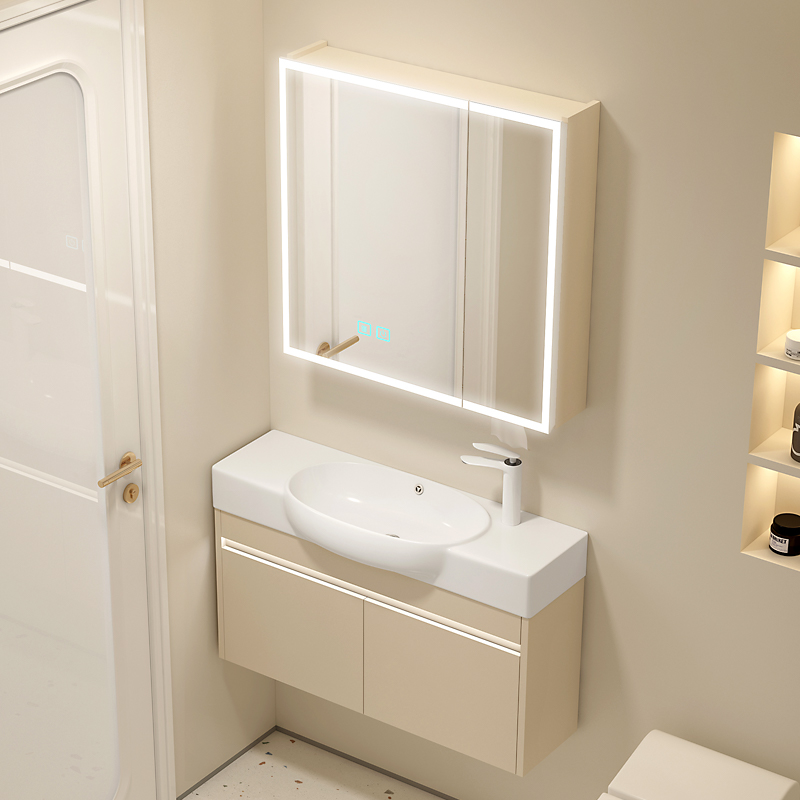 简约小户型超窄迷你挂墙式实木浴室柜卫生间阳台陶瓷一体洗脸盆柜