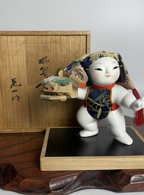 中古日本造 晃山作 陶瓷器京都加贺人形狮子舞摆件古玩古董收藏品