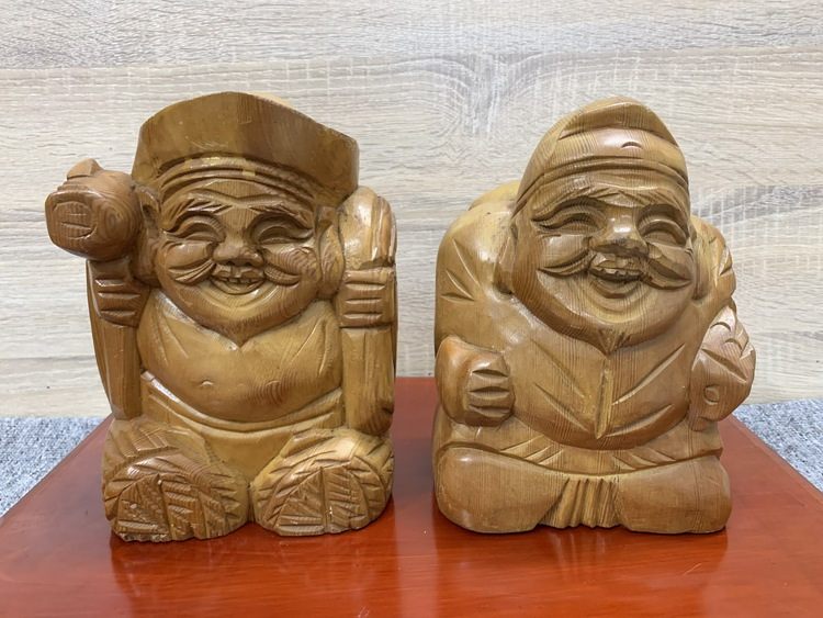 中古日本购回 手工木雕 惠比寿 大黑天 七福神摆件工艺品一木挖