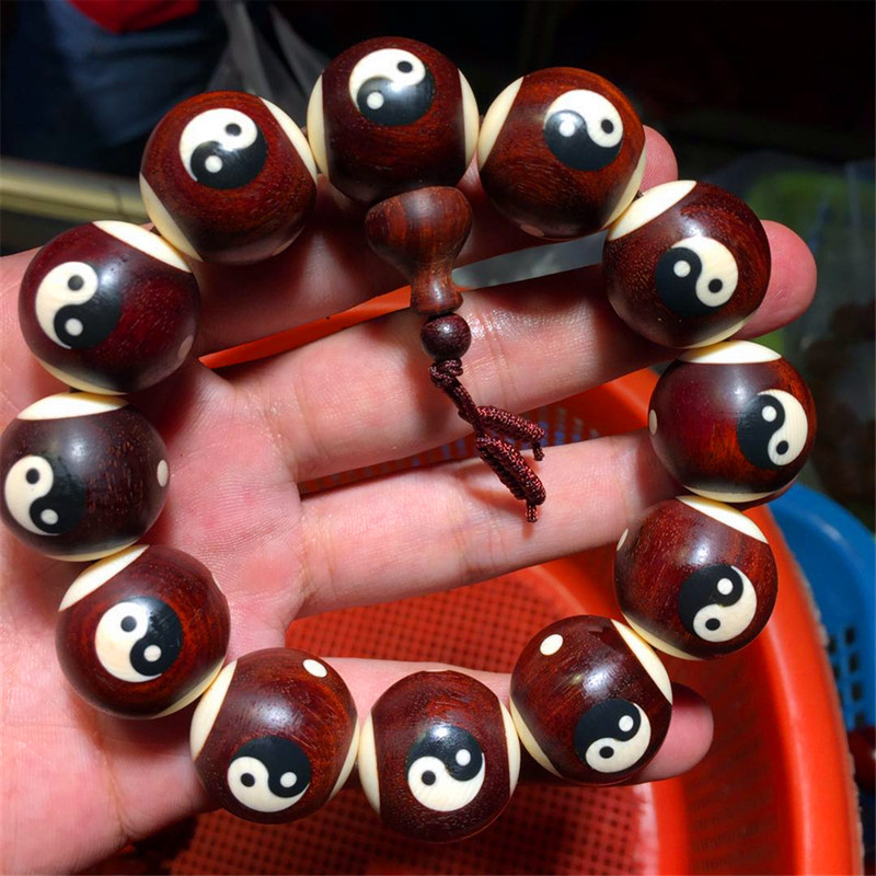 太极手串男道珠檀木非洲小叶紫檀红木佛珠八卦阴阳鱼图案道家饰品