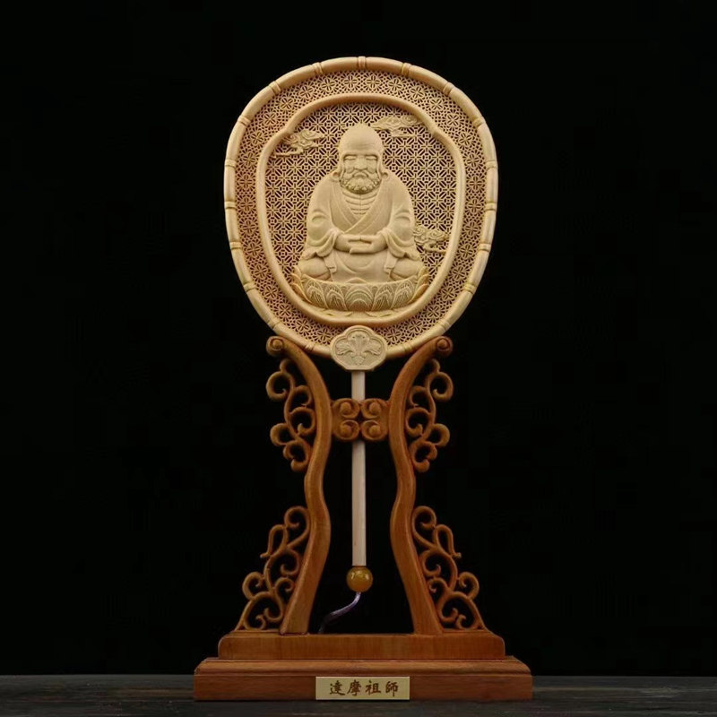 木扇摆件中式古典宫扇家居装饰玄关木雕扇子龙关公达摩龙凤八仙
