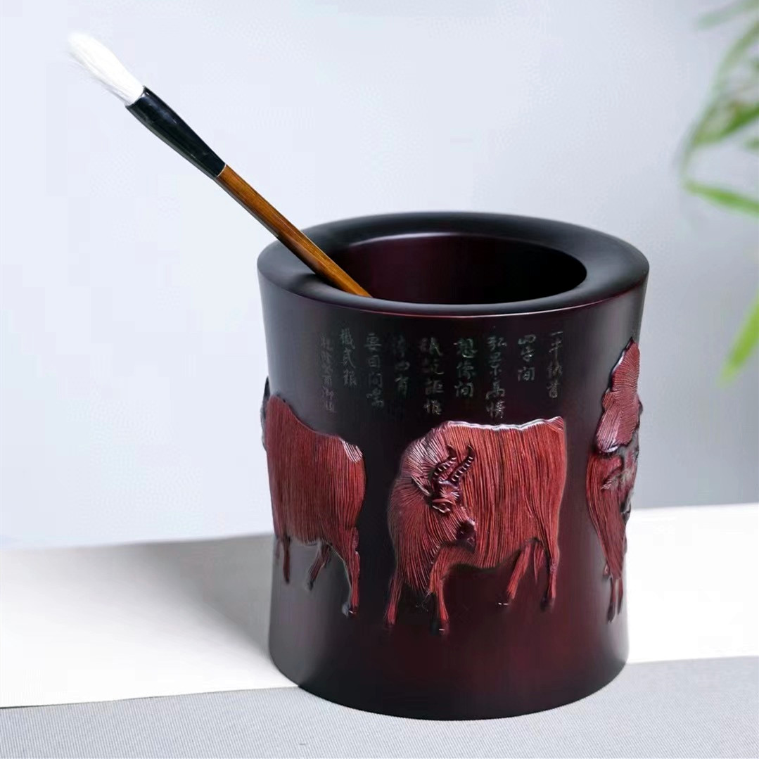 木雕笔筒实木科檀中式桌面摆件办公大叶紫檀尼泊尔大展宏图五牛图
