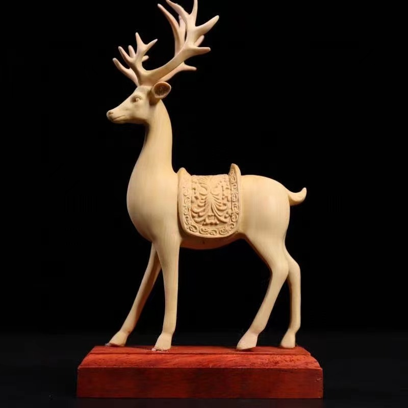 饮水马摆件包邮黄杨木梅花鹿雕刻