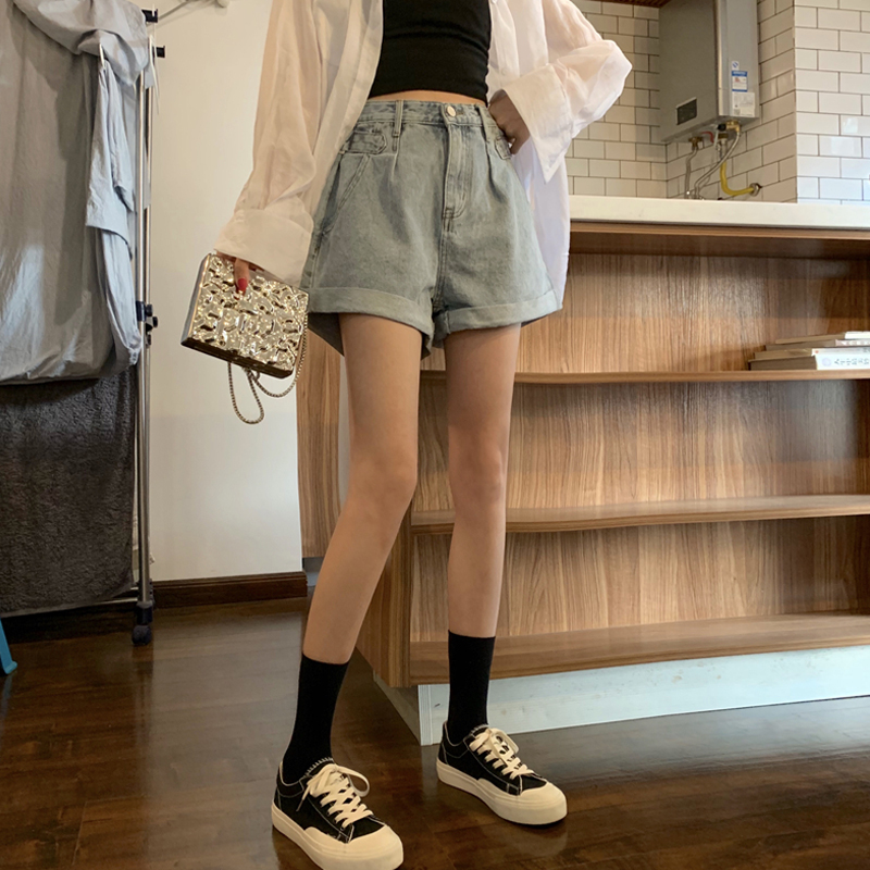 39.98元包邮泫雅裤子2019新款韩版百搭高腰牛仔裤女夏显瘦宽松阔腿裤白色短裤