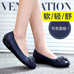 中年女鞋皮鞋平底平跟单鞋春夏舒适妈妈鞋中老年人软底防滑休闲鞋