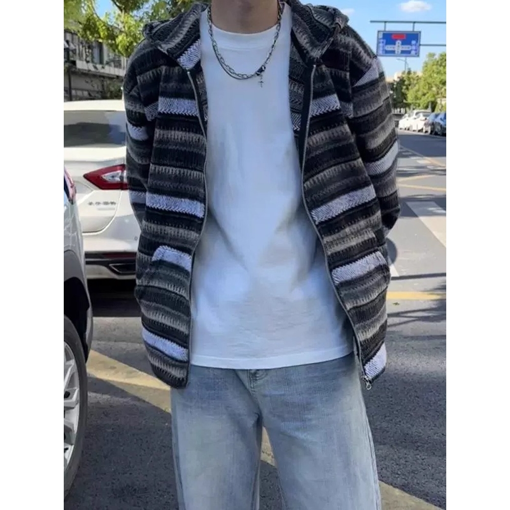 日系复古条纹针织卫衣开衫男款早秋季慵懒风美式拉链连帽毛衣外套