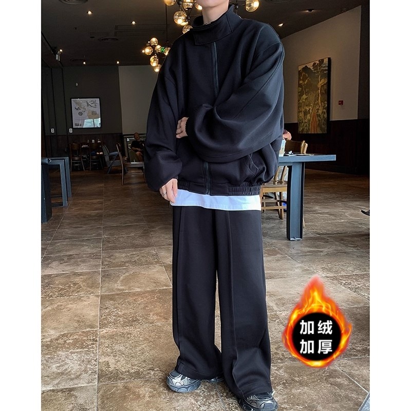 高级感灰色运动套装男韩风宽松立领垫肩开衫卫衣休闲痞帅夹克外套