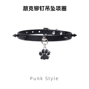 真皮项圈男女颈圈高级喵爪铭牌choker项链牵引绳小狗链 刻字定制