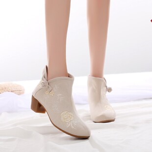 新款茶服鞋古风汉服粗跟配旗袍鞋子女中国风民族老北京绣花布鞋女