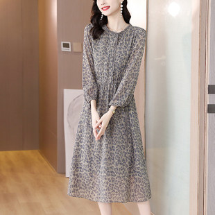女2025高腰显瘦碎花中长版 洋装 裙子 折扣真丝长袖 声雨竹春夏新品