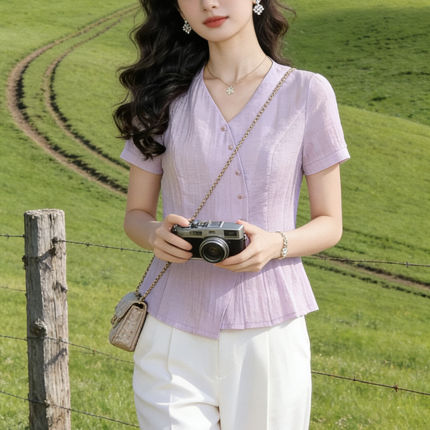 杭州高端大牌真丝衬衫女士短袖小衫2026夏季新款妈妈装桑蚕丝上衣