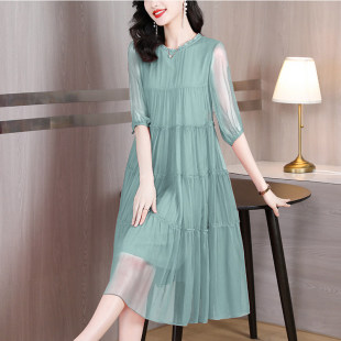 清仓折扣2025高端气质桑蚕丝宽松真丝洋装 女装 女 新款 声雨竹法式