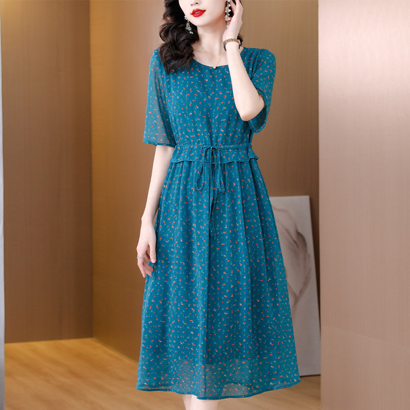 阿吉多水蓝色短袖连衣裙女气质知性优雅长裙抽绳收腰人丝印花裙子