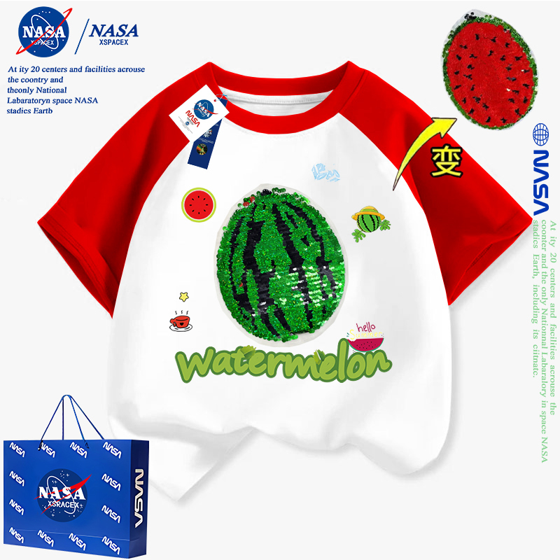 NASA女童草莓衣服西瓜翻转可变色纯棉短袖t恤夏季可爱小女孩上衣
