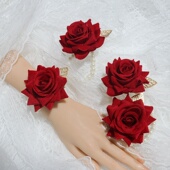 红色喜庆珍珠玫瑰手链手腕花婚礼新娘结婚伴娘姐妹团手环花腕饰