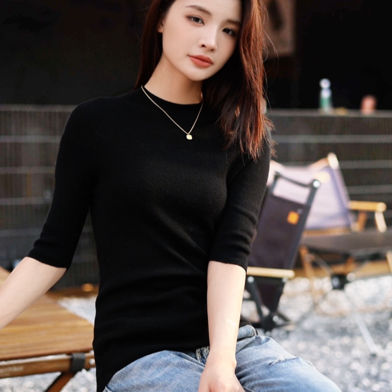 温尔家 精纺48支美丽诺羊毛修身打底衫女半袖秋季无缝羊毛衫上衣