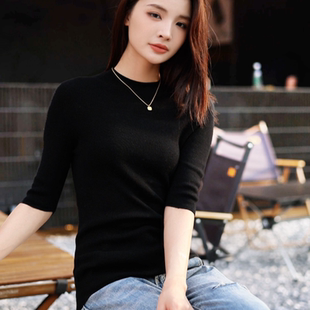 温尔家 精纺48支美丽诺羊毛修身打底衫女半袖秋季无缝羊毛衫上衣