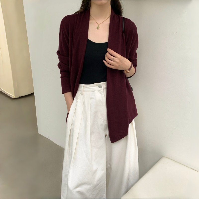 温尔家 48支超细美丽诺羊毛衫两穿设计前片交叉休闲开衫女针织衫